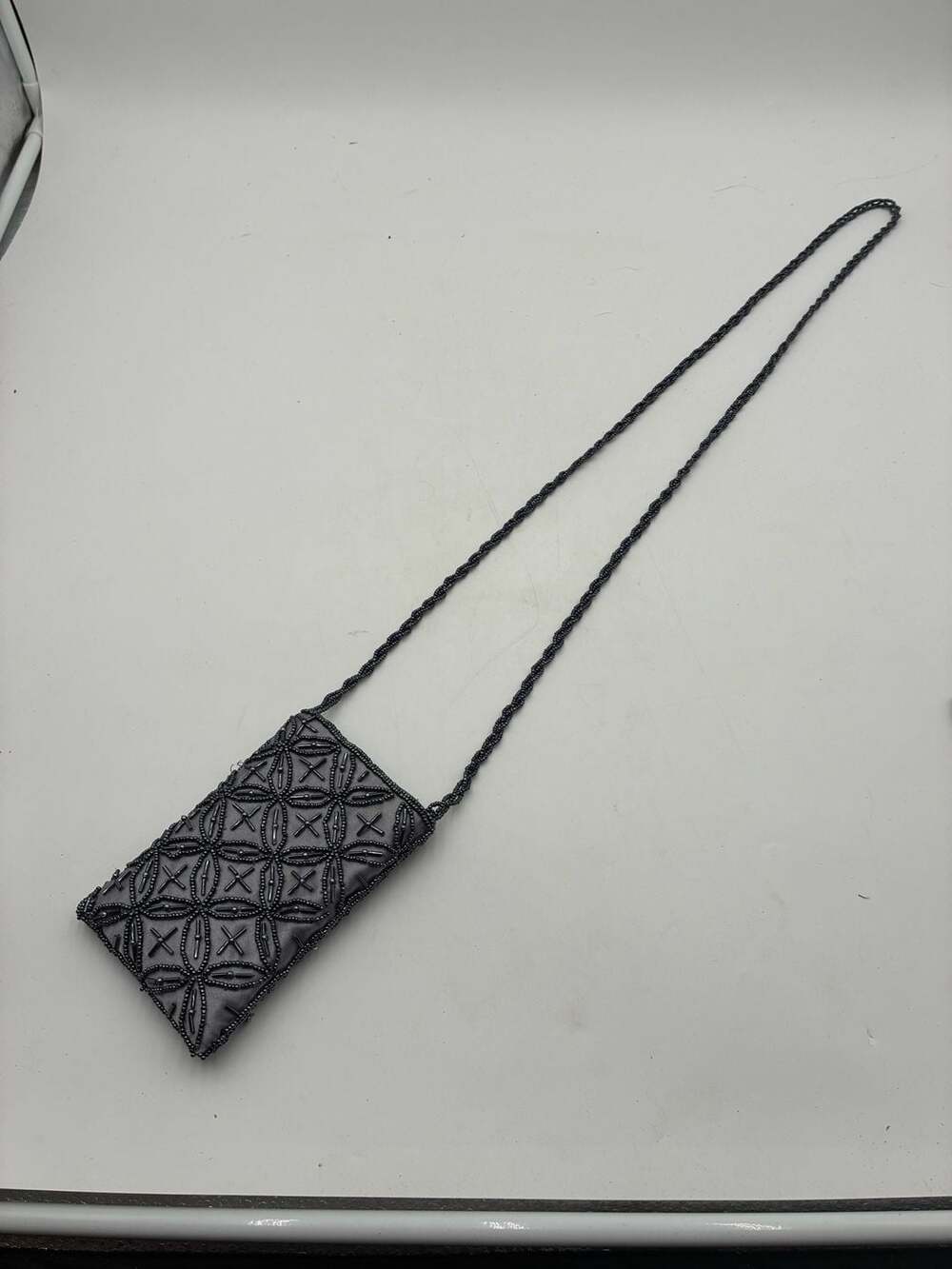 Grey Beaded Geometric Pattern Crossbody Evening Mini Bag